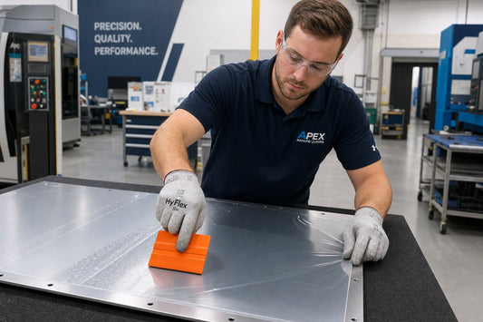 Industrial worker applying protective film with squeegee on aluminum panel in manufacturing training workshop