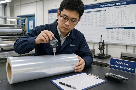 Lab technician examining protective film roll with thickness gauge in industrial workshop