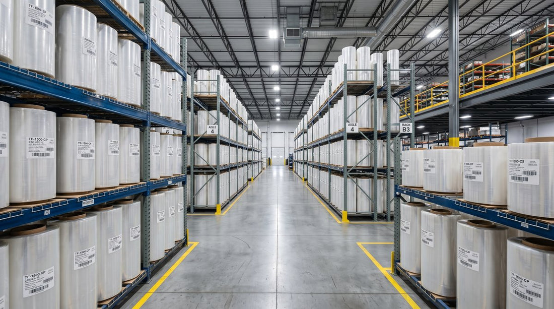 Industrial warehouse with protective film rolls stored vertically on metal racks in a climate-controlled facility