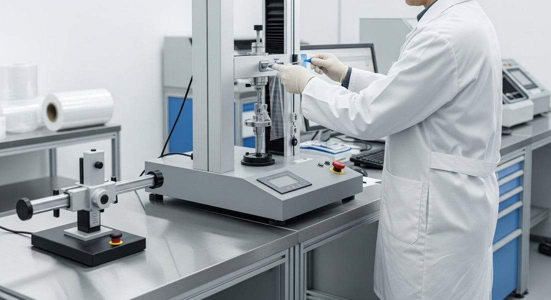 Quality control lab technician performing peel adhesion testing on protective film