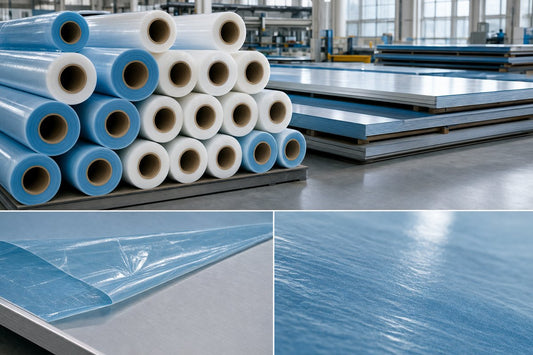 Aluminum protective film rolls stacked in industrial warehouse with film applied on metal sheets