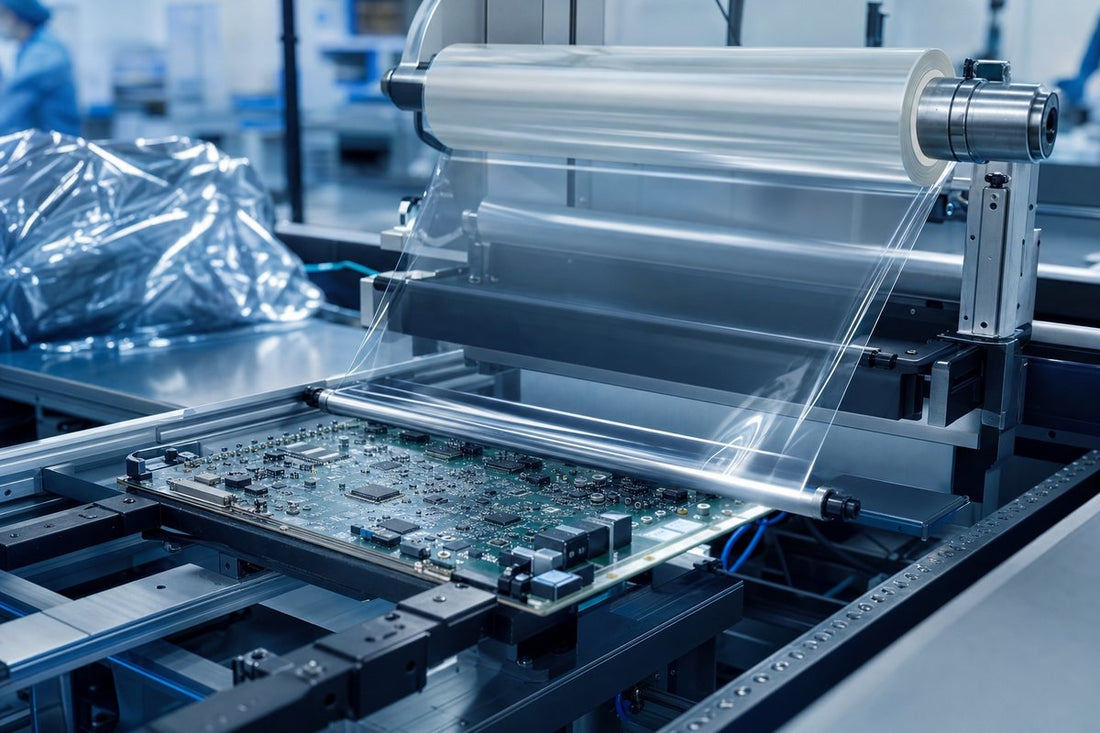 Transparent protective film being applied to a circuit board on an industrial manufacturing assembly line