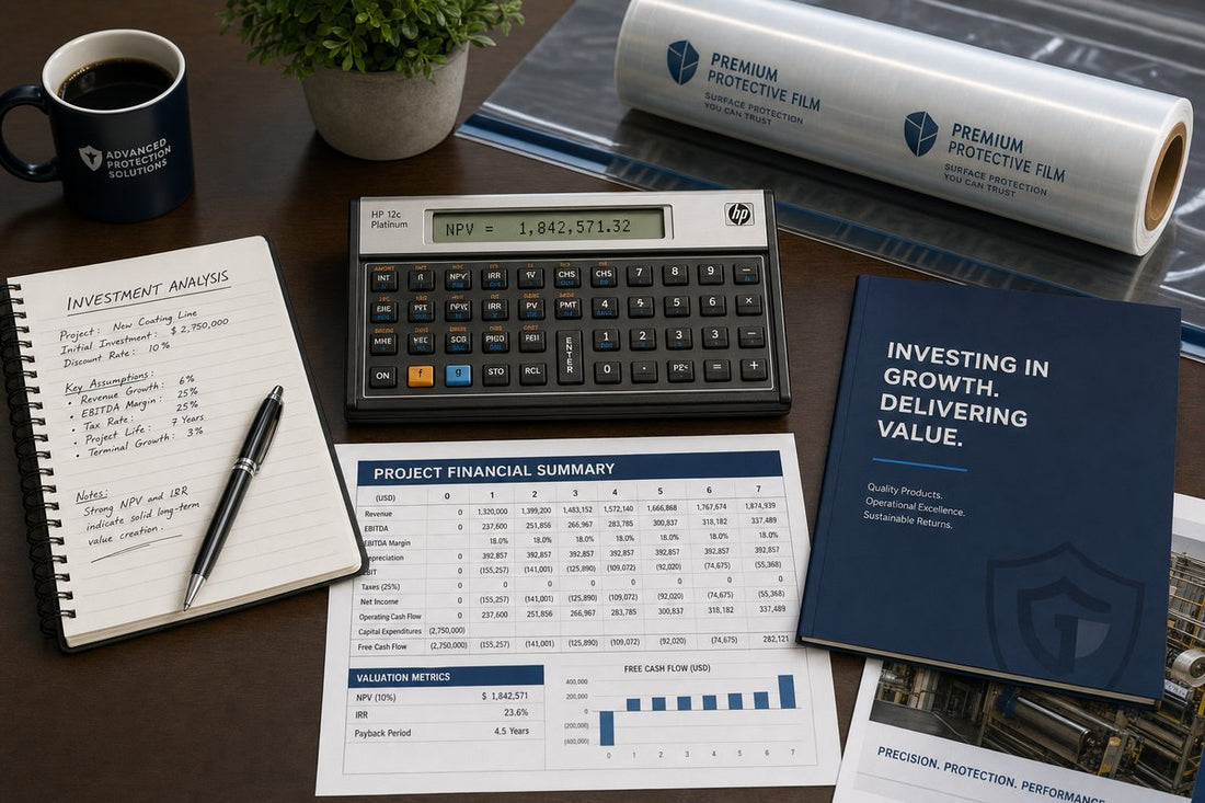 Financial investment analysis calculator with protective film rolls on professional desk