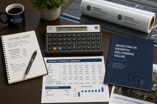 Financial investment analysis calculator with protective film rolls on professional desk
