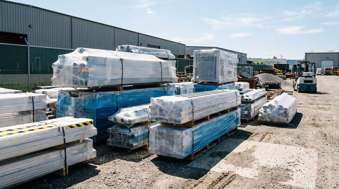 Construction materials wrapped in UV-resistant protective film stored in outdoor industrial yard