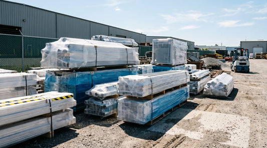 Construction materials wrapped in UV-resistant protective film stored in outdoor industrial yard