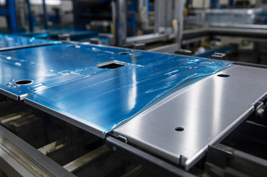 Blue-tinted protective film applied to aluminum panels on a manufacturing production line