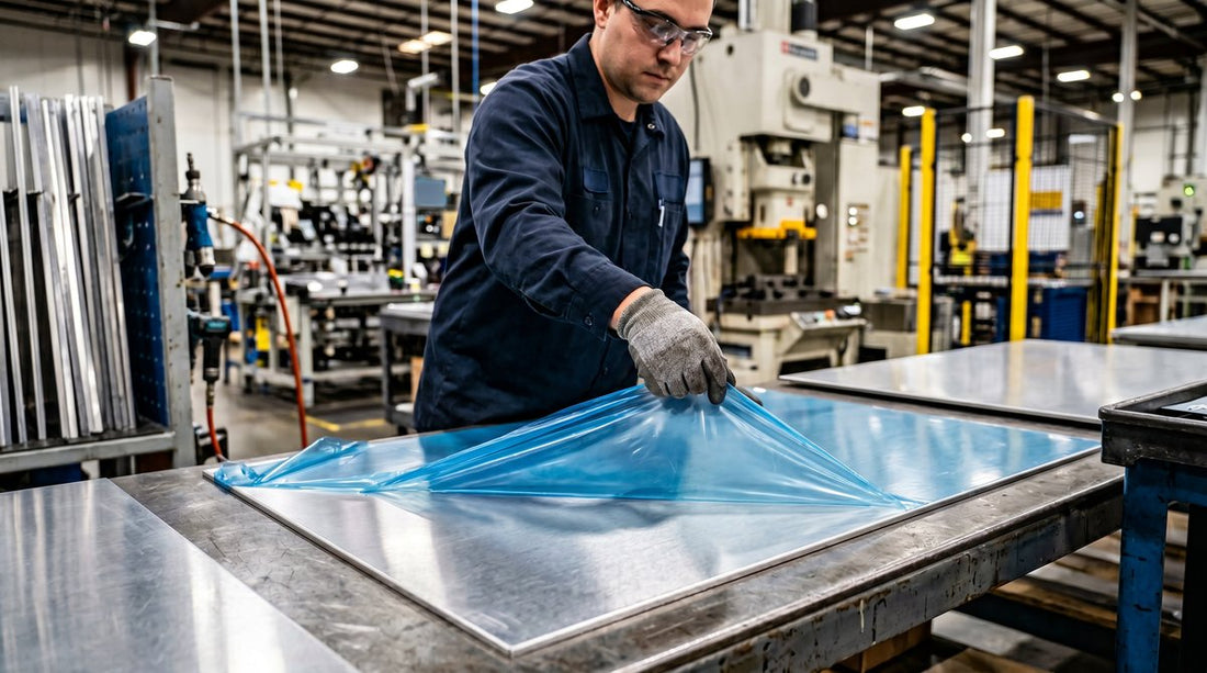 Industrial technician peeling protective film from aluminum panel in manufacturing facility