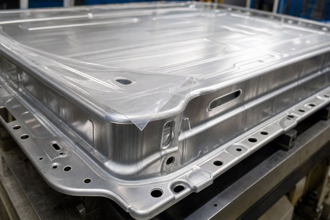 Aluminum EV battery tray with protective film partially peeled at corner in an industrial manufacturing setting