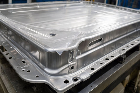 Aluminum EV battery tray with protective film partially peeled at corner in an industrial manufacturing setting