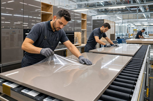 Factory worker applying protective film to glossy cabinet panel on production conveyor line