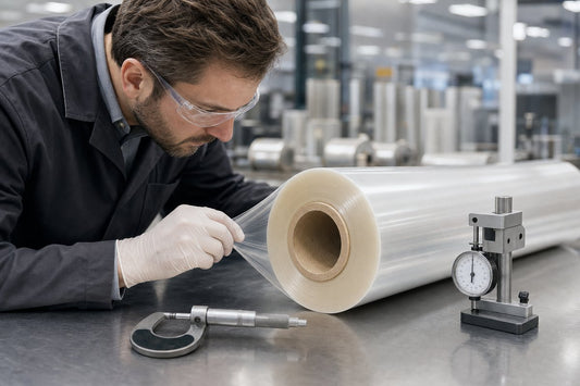 Quality control technician inspecting a protective film roll with precision measuring instruments in an industrial facility