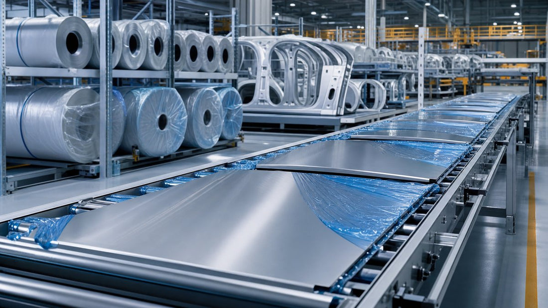 Automotive manufacturing line with protective film rolls and metal panels on a conveyor system