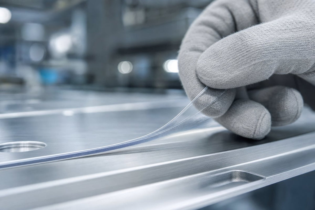 Precision aluminum protective film being peeled from machined aluminum profile in industrial facility