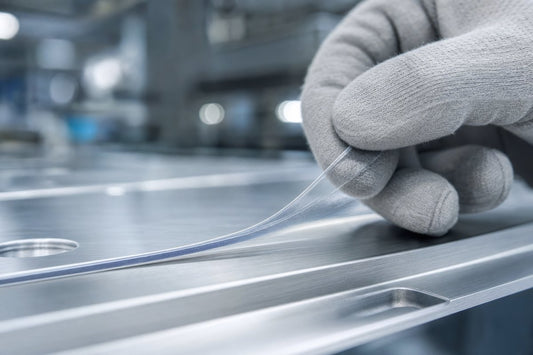 Precision aluminum protective film being peeled from machined aluminum profile in industrial facility