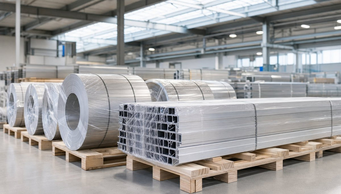 Aluminum coils and extruded profiles wrapped in protective film stacked on pallets in a warehouse