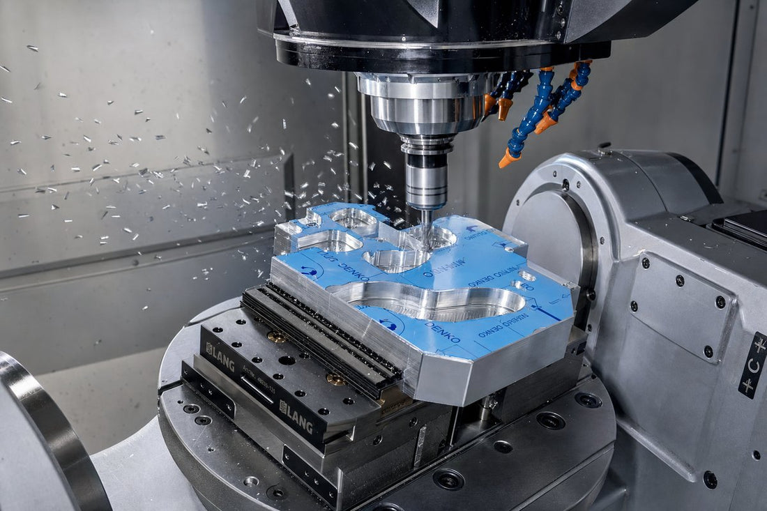 5-axis CNC machine cutting aluminum workpiece covered in protective film with chips flying