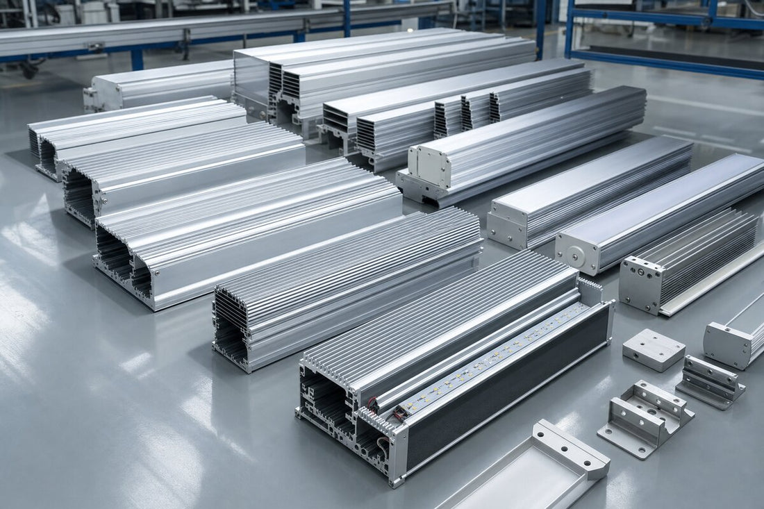 Aluminum LED luminaire heatsink profiles and housing components in a manufacturing facility