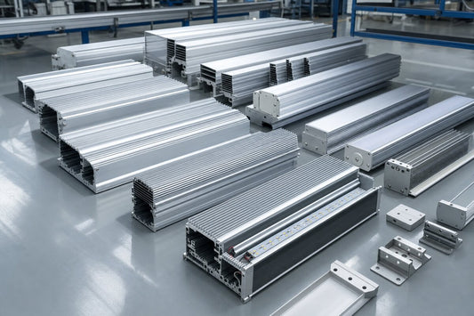 Aluminum LED luminaire heatsink profiles and housing components in a manufacturing facility
