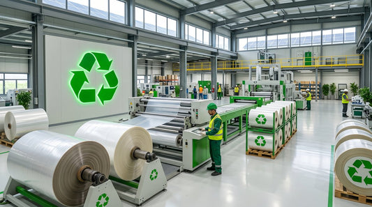 Green manufacturing facility with protective film rolls and recycling symbols
