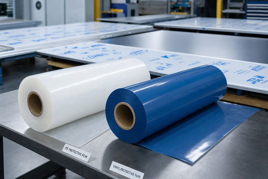 Two rolls of PE and PVC protective film on an industrial workbench with aluminum panels in the background