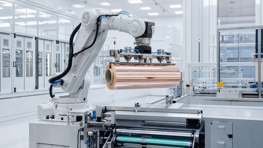 Cleanroom robot arm handling copper foil roll with protective film in EV battery manufacturing facility