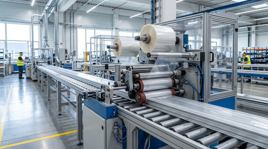 Industrial high-speed protective film applicator machine applying transparent film to aluminum profiles on a manufacturing production line