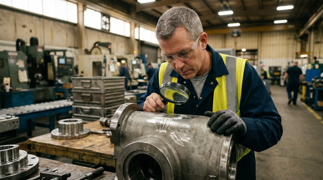 Manufacturing quality control inspector examining scratched metal surface in industrial factory