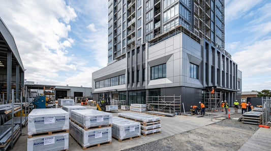 ACM and ACP aluminum composite panels wrapped in protective film at a construction site