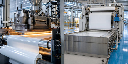Industrial adhesive coating line: hot melt extruder slot die vs solvent dip tank coating machine side by side