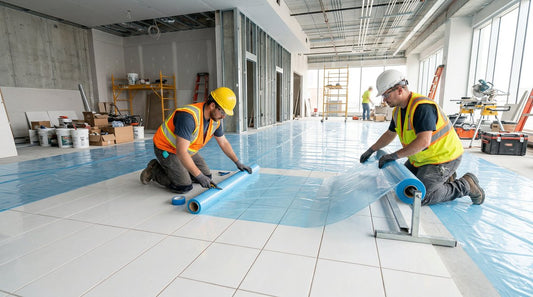 Construction workers applying blue PE ceramic protection film over white ceramic tile floor on a commercial construction site