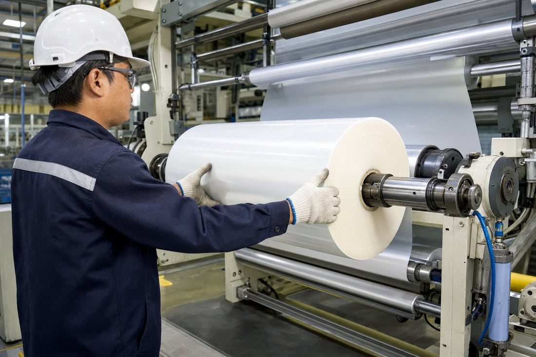 Technician performing a film roll changeover on an industrial lamination line unwind station