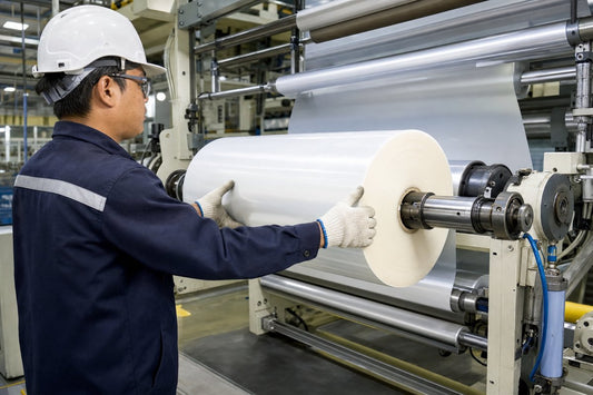 Technician performing a film roll changeover on an industrial lamination line unwind station