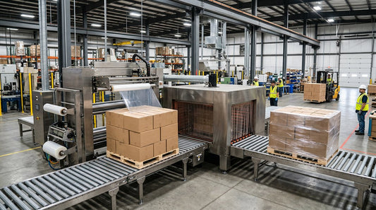 Industrial shrink wrapping machine in a modern factory with heat shrink tunnel and pallets