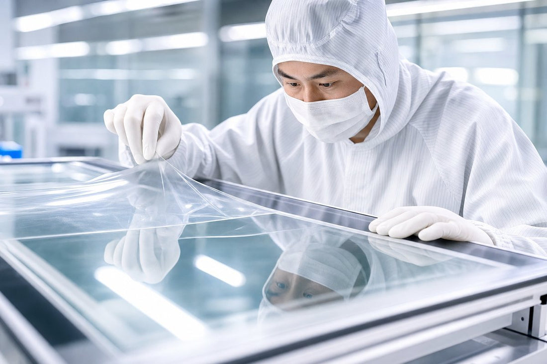QC inspector examining transparent protective film on glossy glass panel in industrial clean room