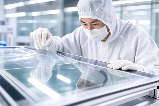 QC inspector examining transparent protective film on glossy glass panel in industrial clean room