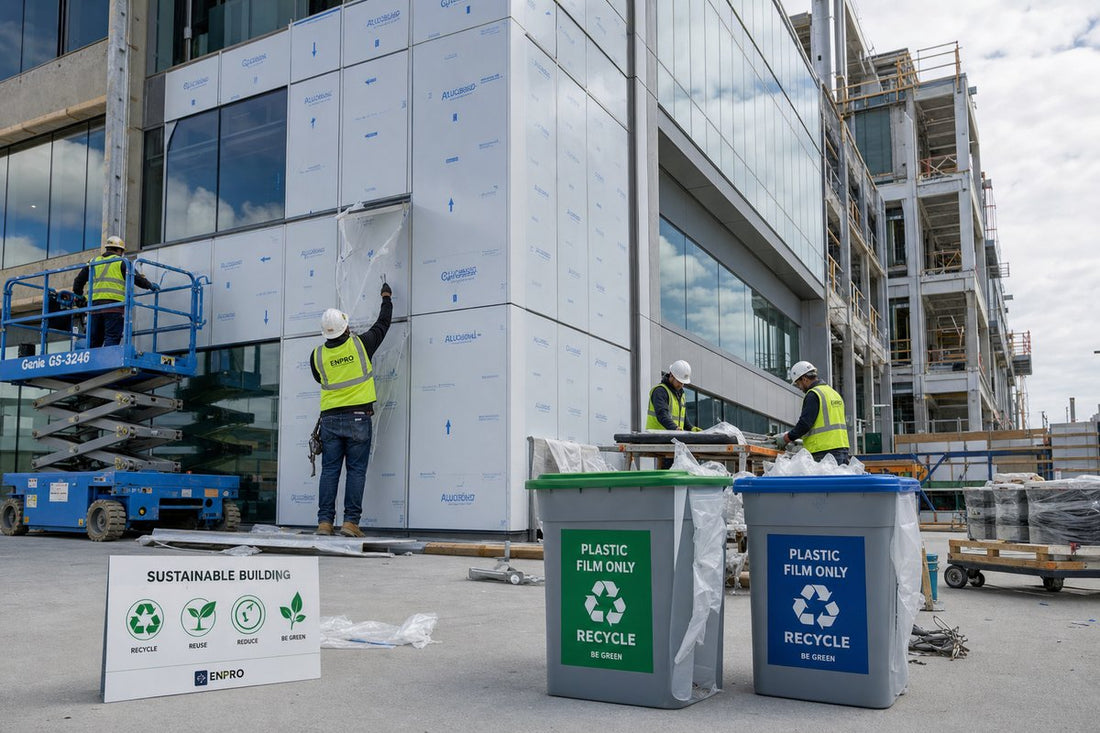 Construction workers removing recyclable protective film from aluminum building panels with recycling bins on site