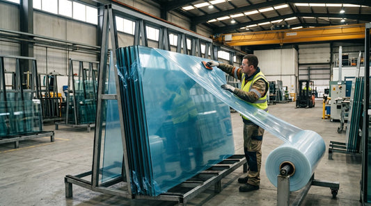 Worker applying protective film to large glass panels on a manufacturing rack in an industrial warehouse