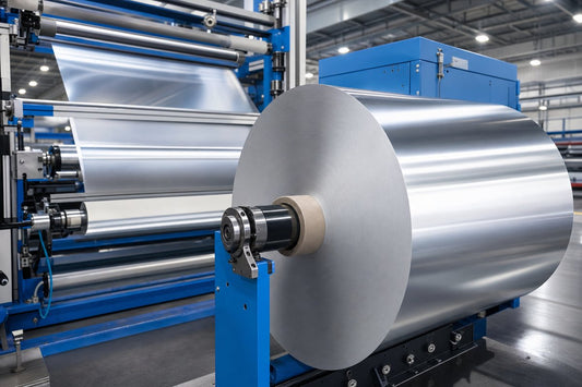 Industrial aluminum film rewinding machine showing precise roll edge alignment in a manufacturing facility