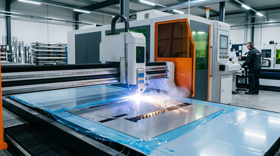 Industrial laser cutting machine processing a metal sheet with protective film in a modern factory