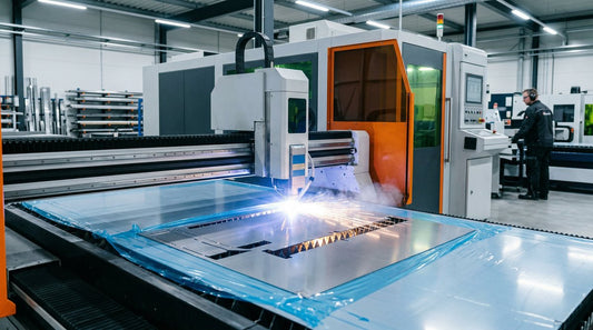 Industrial laser cutting machine processing a metal sheet with protective film in a modern factory