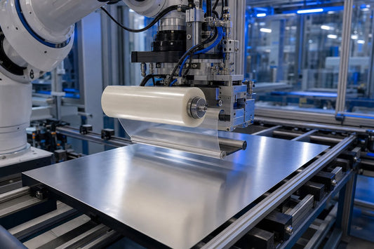 Robotic arm applying protective film onto aluminum sheet on industrial conveyor line