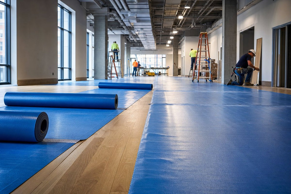 Blue protective floor film being rolled out on hardwood floor at commercial construction site