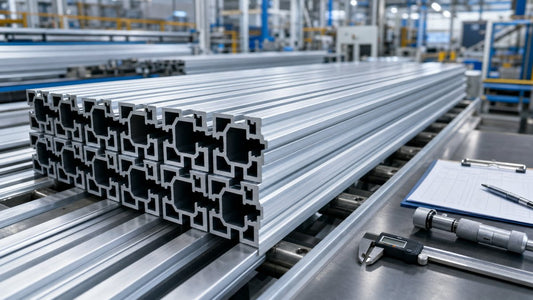 Aluminum extrusion profiles on a factory production line with quality control instruments
