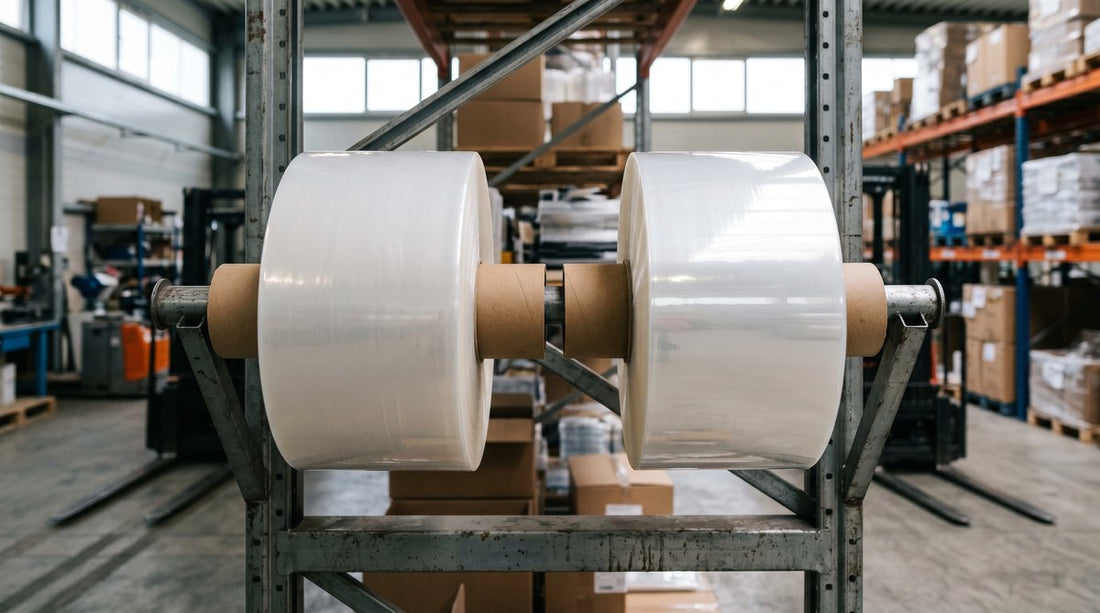 Rolls of polyethylene and polypropylene protective film in industrial warehouse