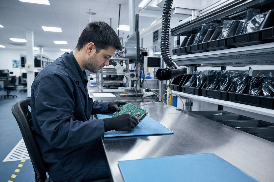 Technician handling PCB on ESD-safe workstation with anti-static mat and protective films