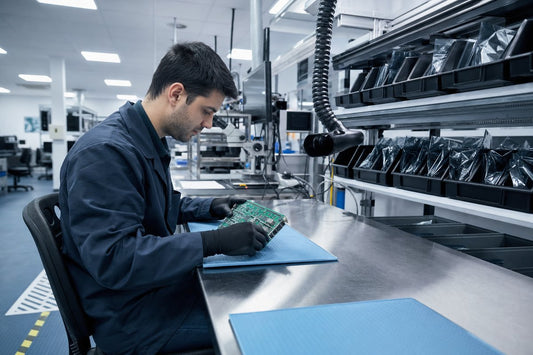 Technician handling PCB on ESD-safe workstation with anti-static mat and protective films